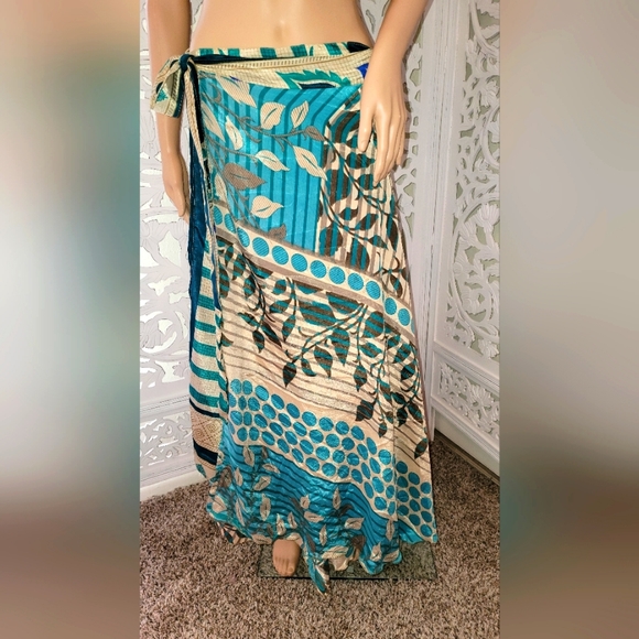 Exotic Silk Turquoise Print Boho Wrap Maxi Skirt - Picture 9 of 10